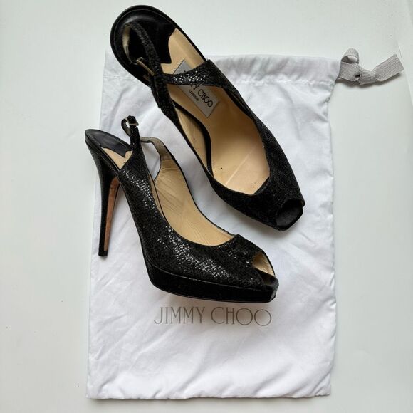 Jimmy Choo Black Nova Party Glitter Slingback Peep Toe Pump Holiday size 9 39.5
